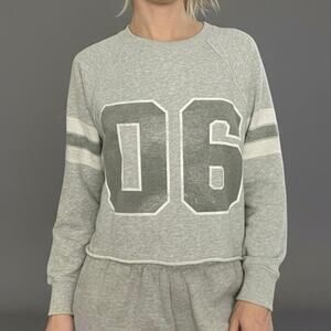 Aerie Grey 06 Graphic Striped Sleeves Crewneck Sweatshirt